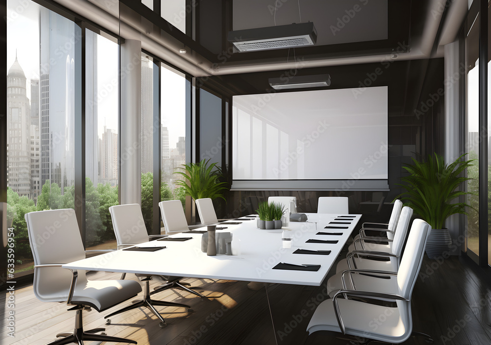 Fototapeta premium illustration of a meeting room with a large screen and desk 