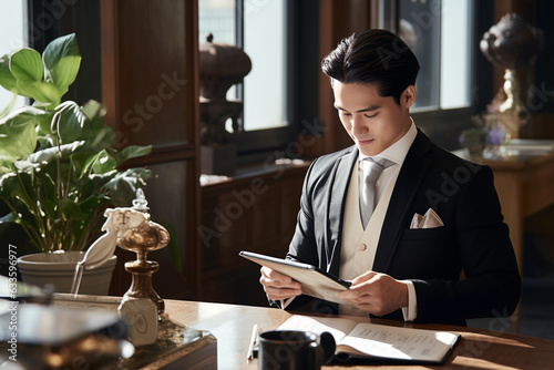 illustration of concierge checking paperwork at an establishment or hotel