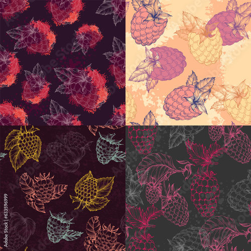 Vector seamless pattern. Doodle raspberries and blackberries with abstract elements. Hand drawn illustrations.