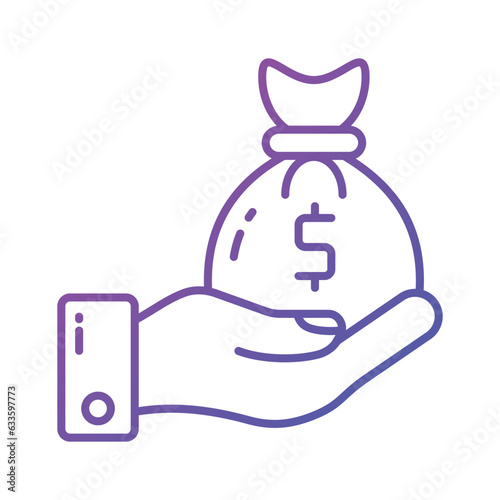 Hand holding money bag, savings icon in trendy style, premium vector design