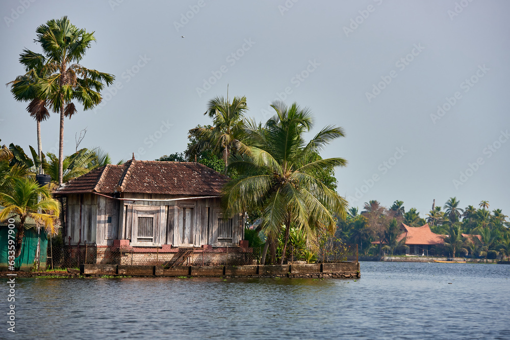 backwaters house of Kerala, surrounded by palm trees