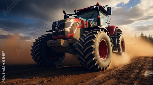  A big powerful wheeled tractor pulls the field.