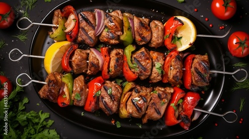 Most important meat dish of Turkish cuisine kebabs is a rich product that is cooked on embers Shish kebab with mushrooms, cherry tomato, and sweet pepper, Grilled meat skewers. Top view. Generative AI photo