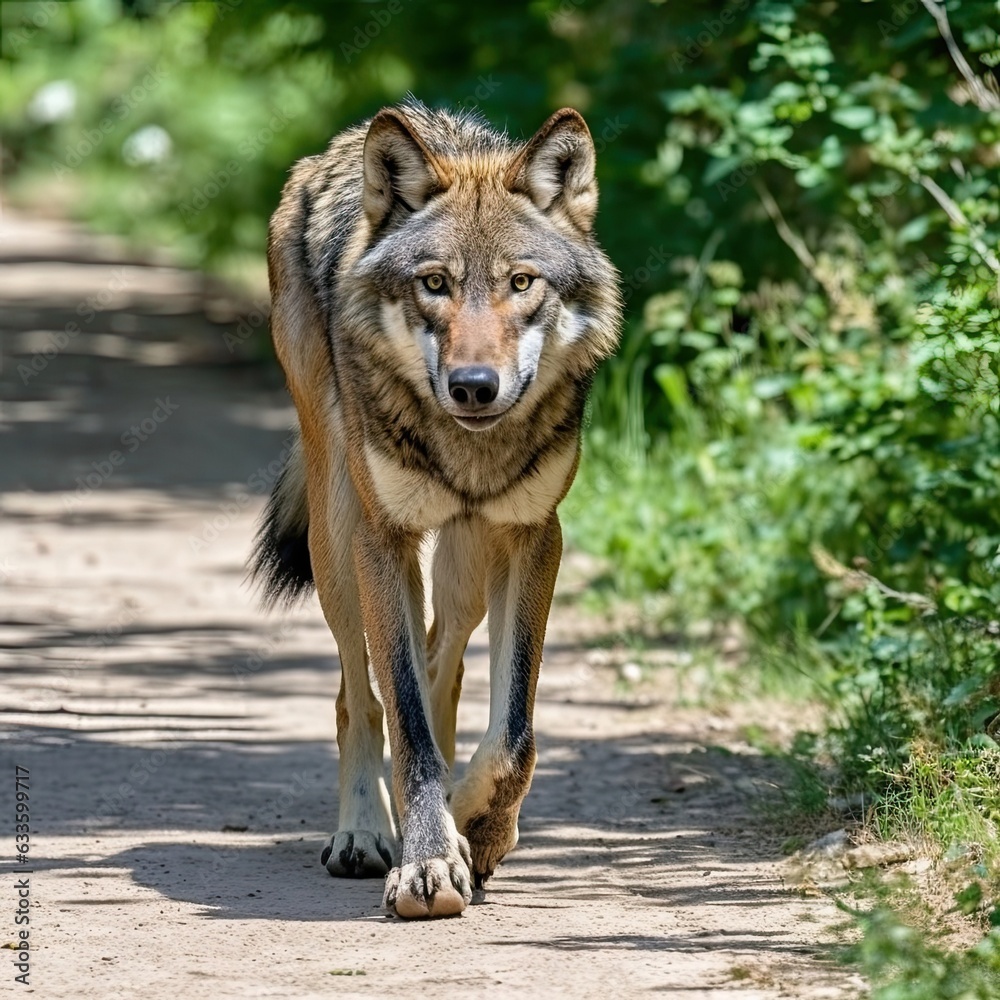 Fototapeta premium A magnificent, awe-inspiring wolf roams freely within the forest. (Generative AI)
