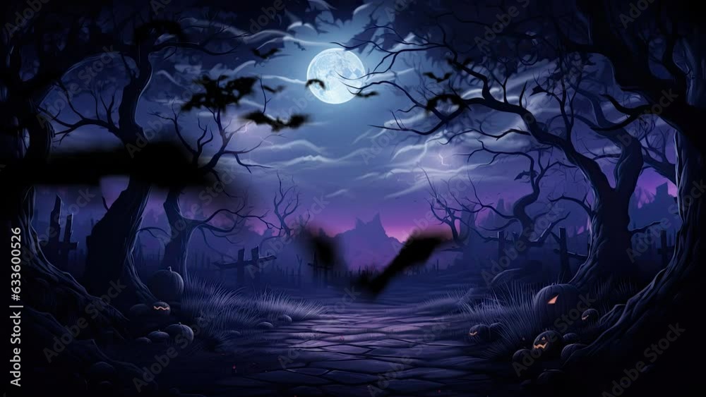 halloween night decorative with bat and moon background. seamless looping time-lapse virtual video animation background.