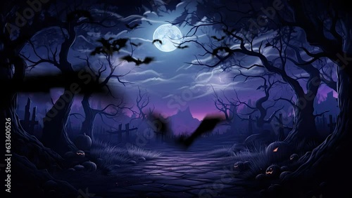 halloween night decorative with bat and moon background. seamless looping time-lapse virtual video animation background.