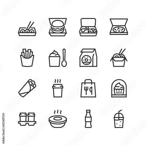Fast food, linear style icons set. Fastfood in a package. Take away, containerized meals. Assortment of meals from restaurants and cafes packed in containers. Editable stroke width