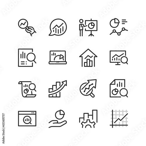 Data analytics, linear style icons set. Analyzing metrics, graphs and charts. Analytical tools. Visualization of results. Information for success strategy. Editable stroke width