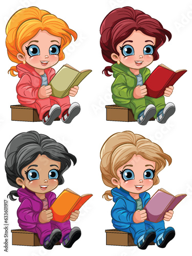 Set of Girls Reading Books Cartoon Characters