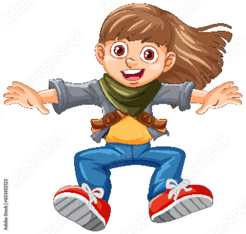 Urban girl wearing hoodie jumping cartoon character