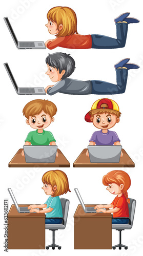 Set of children using laptop