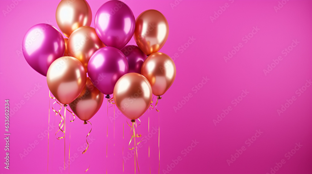 Bunch of shiny pink and golden balloons on magenta background