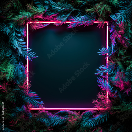 Winter neon cyber conifer frame, Christmas tree flat lay background with copy space.