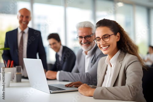 Cheerful business colleagues watching a presentation on a laptop