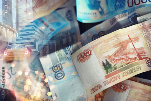 Russian money. Different denomination of bills. Finance concept. Double exposure city.