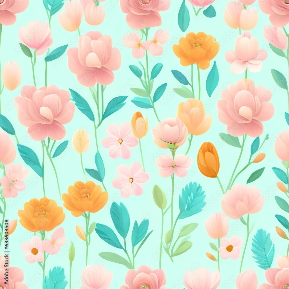 seamless colorfu lflowers pattern, repeating pattern, generative by ai
