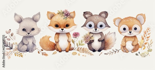 Charming cartoon forest animals. fox, deer, raccoon, owl in watercolor. Ideal for vintage greeting cards, floral design. Concept of whimsical woodland illustration.