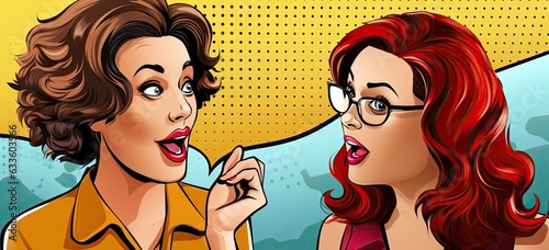 Stylish retro comic art. Women gossip, expressive faces, dynamic speech bubble. Trendy pop design