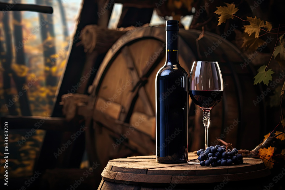 A bottle of red wine next to a poured glass and a bunch of blue grapes on a barrel in the garden.