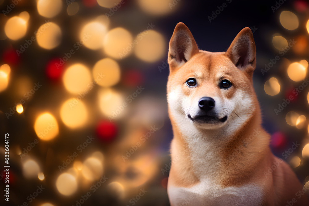 Christmas portrait of Shiba Inu with bokeh lights Christmas portrait of Shiba Inu with bokeh lights