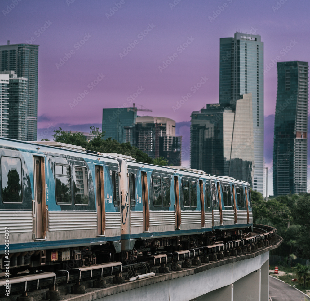 Naklejka premium train in the city skyline Brickell Miami