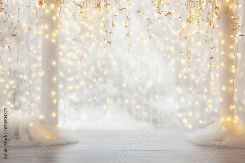 Small light decorations hang on curtain fabric with blurred bokeh background