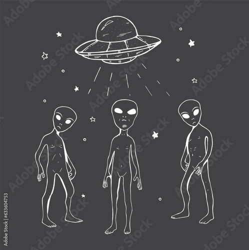 ufo and flying saucer on black background vector sketch. aliens and flying saucer vector sketch