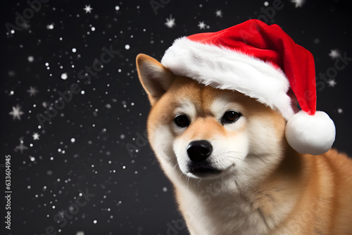 Christmas portrait of Shiba Inu wearing santa hat © sam