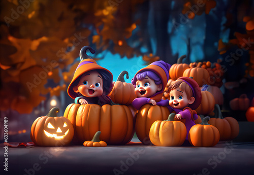 Halloween Cartoon, Animation Style Children with costumes in Pumpkin dress and holiday fun mood, smiling and laughing on the street in the Neighborhood with autumn october trees with orange leaves