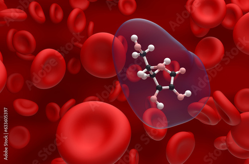 Vitamin c (ascorbic acid) structure in the blood flow – ball and stick closeup view 3d illustration