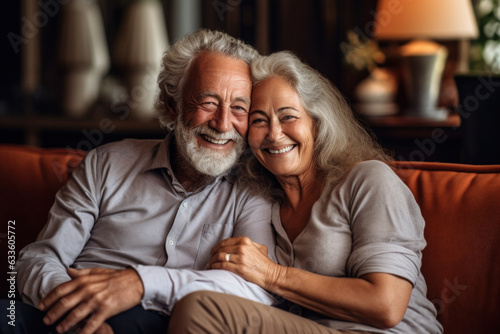 Happy Elderly Couple Sitting on the Couch at Home AI Generated
