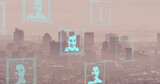 Image of biometric photos and data processing over cityscape
