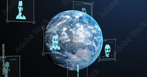 Image of biometric photos and data processing over globe
