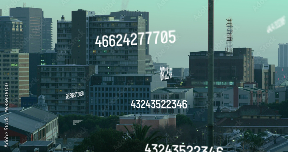 Image of numbers processing over cityscape Image of numbers processing over cityscape
