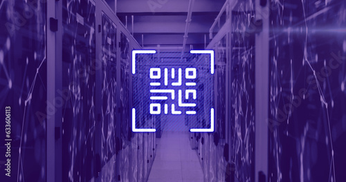 Image of neon qr code over server room in violet