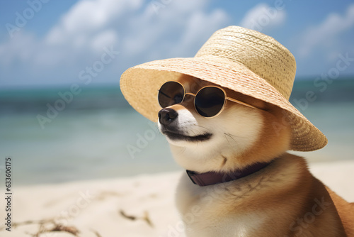 portrait of Shiba Inu wearing sunglasses and sun hat on beach © sam