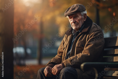 Sad Elderly Man Sitting Alone on a Park Bench Lonely AI Generated