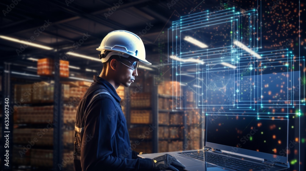 Portrait of an employee in a hard hat with a laptop who coordinates delivery at the warehouse and data center Portrait of an employee in a hard hat with a laptop who coordinates delivery at the warehouse and data center