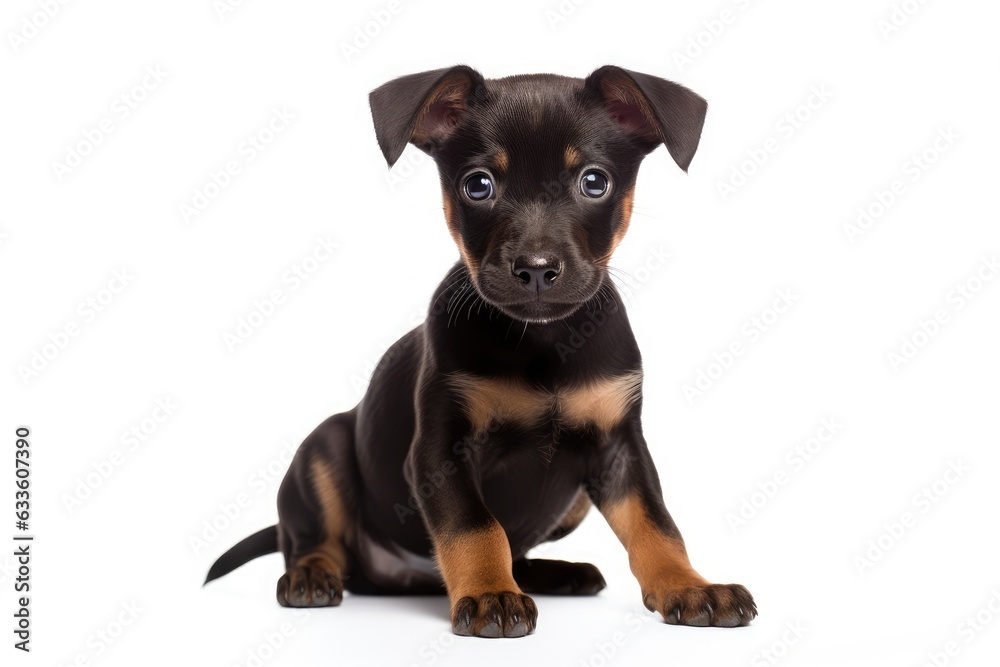 Portrait of adorable puppy on white background