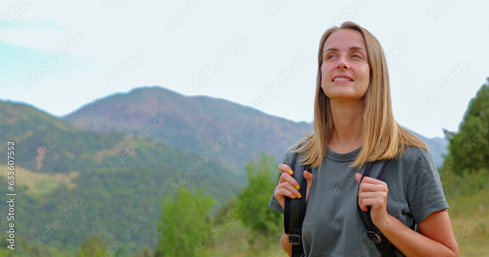 Woman, mountain and backpacking for adventure, travel or hiking journey. 