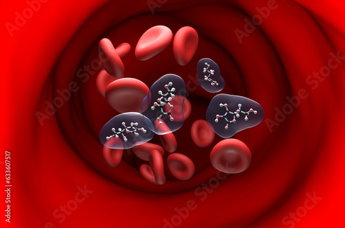 Vitamin c (ascorbic acid) structure in the blood flow – ball and stick section view 3d illustration photo