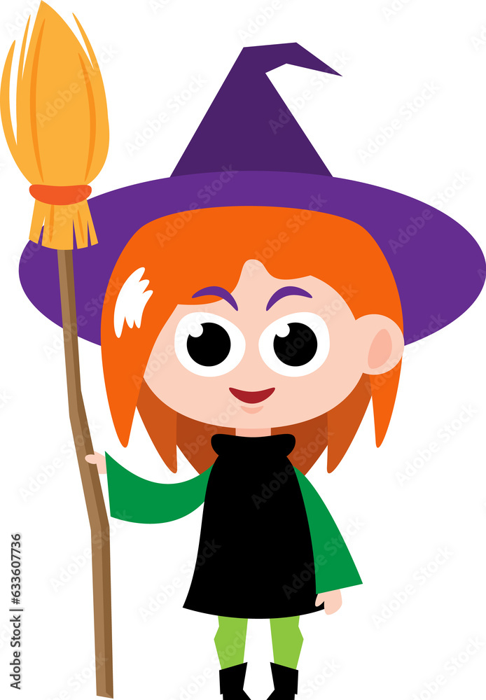 Witch . Cute halloween cartoon character . Flat design . PNG .