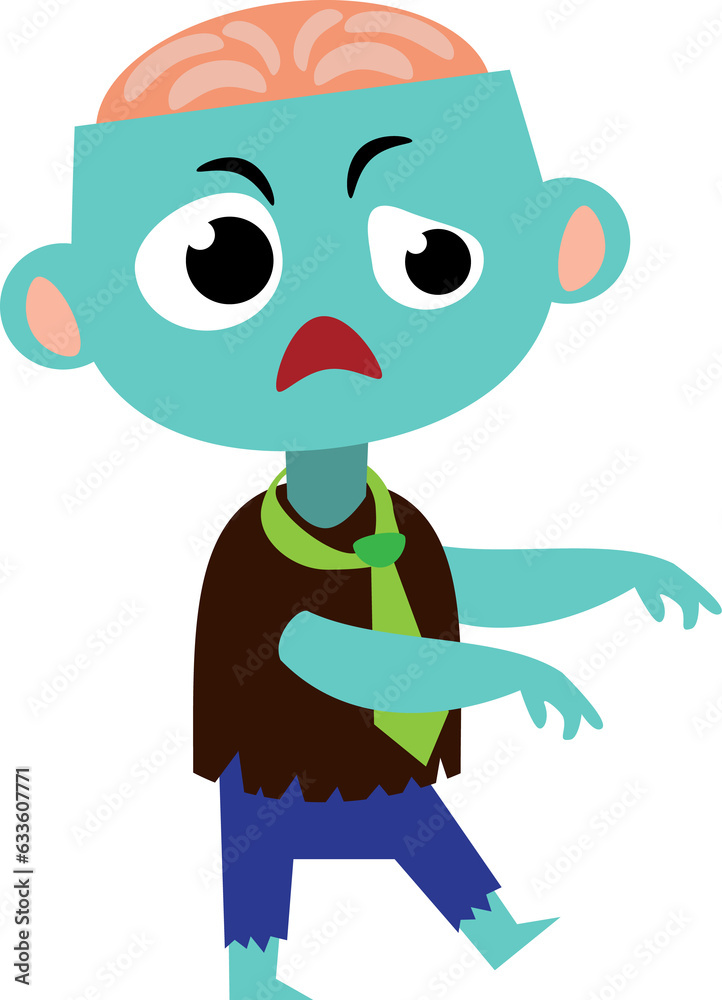 Zombie . Cute halloween cartoon character . Flat design . PNG .