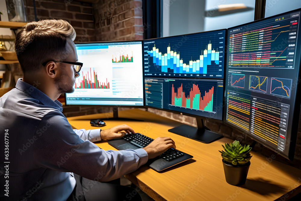 Portrait of stock market trader doing analysis of financial investment charts Portrait of stock market trader doing analysis of financial investment charts
