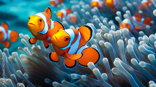 Flock of standard clownfish and one colorful fish © Fauzia