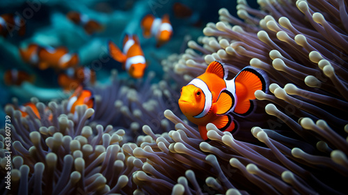 Flock of standard clownfish and one colorful fish