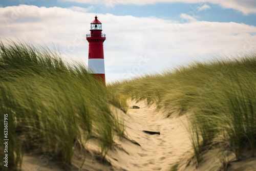 Red and white striped lighthouse at the end of a sandy path through sand dunes overgrown with dune grass  made with generative ai