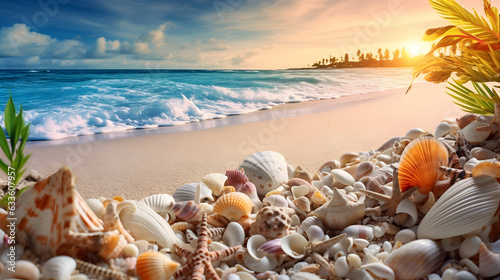 Landscape with seashells on tropical beach 