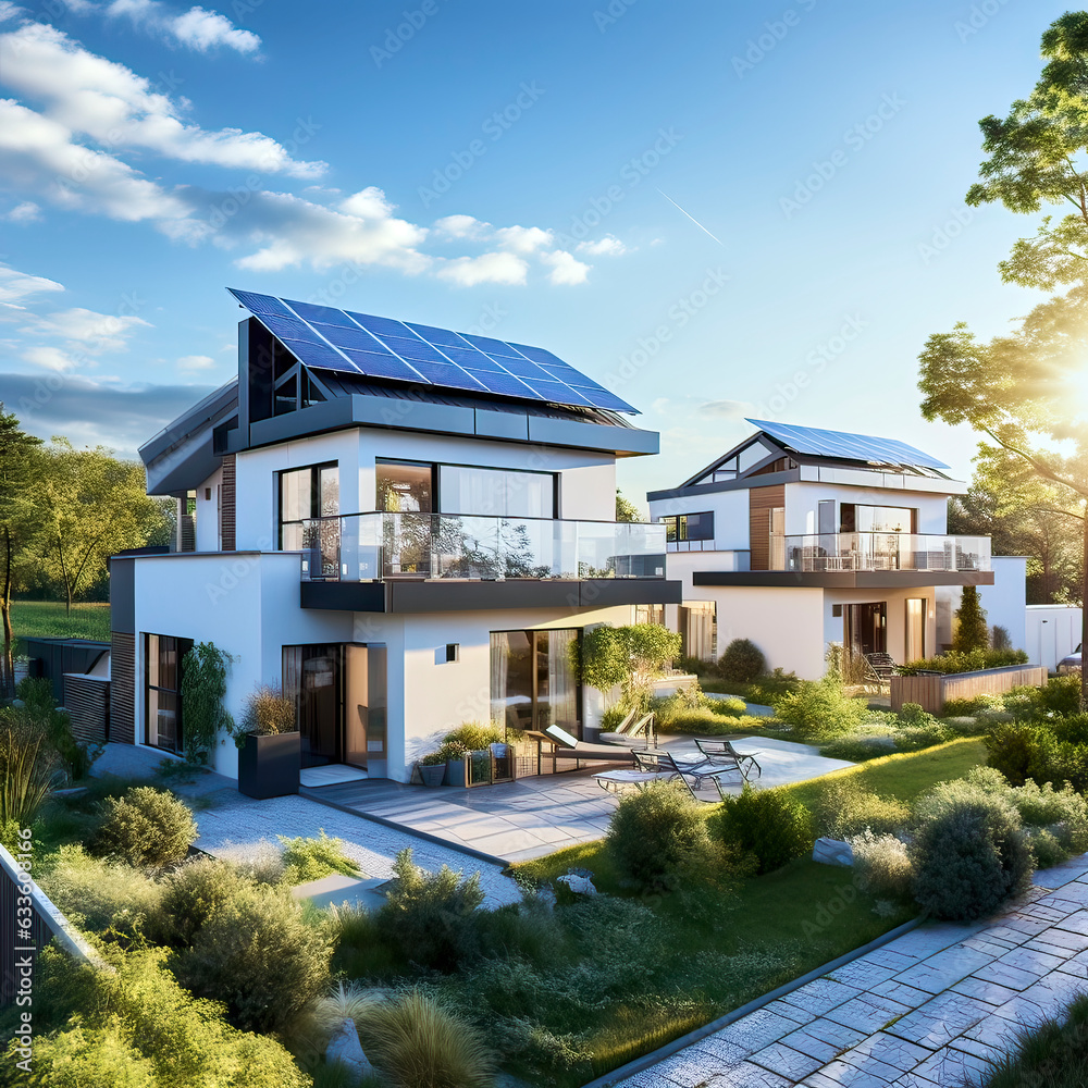 Modern family homes with manicured gardens in large rooftop solar energy harvesting facilities, made with generative ai Modern family homes with manicured gardens in large rooftop solar energy harvesting facilities, made with generative ai