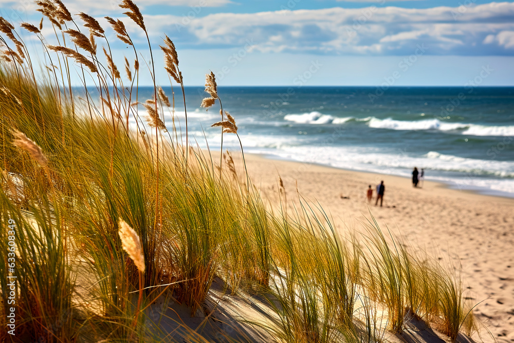 Baltic Sea beach with blooming dune grass swaying in the wind and few tourists in the distance, made with generative ai
